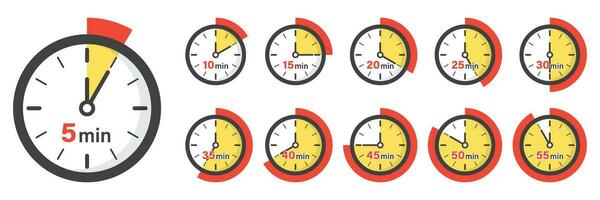 van 5 minuten naar 55 minuten Aan stopwatch icoon in vlak stijl. klok gezicht timer vector illustratie Aan geïsoleerd achtergrond. countdown teken bedrijf concept.