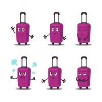 platte vector violet koffer pack. reistas op wielen emoties set.