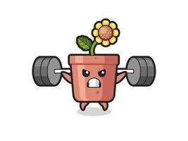 zonnebloem pot mascotte cartoon met een barbell vector