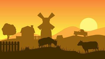 platteland in zonsondergang landschap vector illustratie. boerderij silhouet landschap met vee, windmolen en schuur. landelijk landbouw silhouet voor achtergrond, behang of landen bladzijde