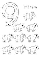 geheugenkaart aantal 9. peuter- werkblad. schattig tekenfilm tapirs. vector