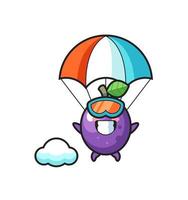 passievrucht mascotte cartoon is parachutespringen met een gelukkig gebaar vector
