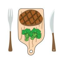 voedsel steak Aan hakken bord met mes en vork vector tekenfilm illustratie ontbijt icoon concept geïsoleerd premie vector vlak tekenfilm stijl.