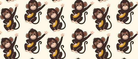 naadloos patroon met apen in vlak stijl. vector achtergrond met schattig aap tekens met banaan in hand.