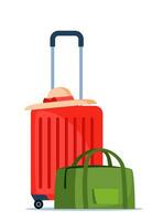 reizen Tassen samenstelling. koffer en rugzak. toerist geval, reis en avontuur bagage. reizigers bagage. vector illustratie.