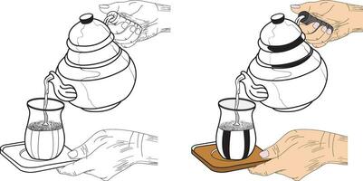 vrouw hand- Holding een kop van thee, vector gravure, vrouw hand- aanbieden thee schetsen, twee hand- met beker, thee theepot