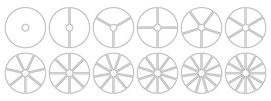 taart tabel Sjablonen. cirkel verdeeld Aan 1, 2, 3, 4, 5, 6, 7, 8, 9, 10, 11, 12 Gelijk plakjes. wiel diagrammen met een, twee, drie, vier, vijf, zes, zeven, acht, negen, tien, elf, twaalf sectoren. vector