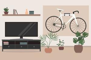 fiets hangend aan de muur in de woonkamer. woonkamer interieur met tv vector