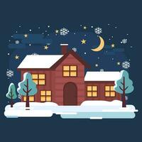 winter. huis. avond winter landschap. kerstmis. sneeuwval. vector illustratie in modern vlak stijl.