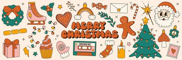 vrolijk kerstmis. groovy jaren 70 Kerstmis sticker set. modieus retro tekenfilm stijl elementen. vector