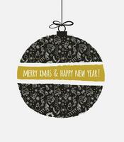 Kerstmis bal met Kerstmis decoraties en de woorden vrolijk Kerstmis en gelukkig nieuw jaar vector
