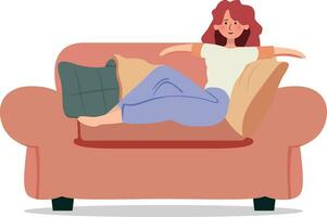 meisje besteedt tijd Bij huis ontspannen houdende Aan een bankstel vlak stijl vector illustratie, vrouw chillen Aan sofa voorraad vector beeld