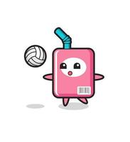 karakter cartoon van melkdoos speelt volleybal vector