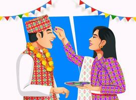 zus toepassen tilak Aan voorhoofd naar broer Aan bhai tika of raksha bandhan. mensen in nepali etnisch kleren vector