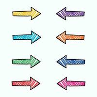 een reeks van pijlen getrokken door hand- en geschilderd over- met gekleurde pennen, markeringen of viltstift pennen. hoofd kleuren geel, rood, roze, blauw, licht blauw vector