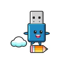 flash drive usb mascotte illustratie rijden op een gigantisch potlood vector