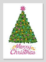 vrolijk Kerstmis belettering. groet kaart met Kerstmis boom met ballonnen en inscripties. elegant ontwerp voor Kerstmis viering. nieuw jaar poster ontwerp. vector vlak illustratie.