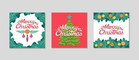 Kerstmis sociaal media post set. feestelijk spar, belettering, speelgoed. schattig Kerstmis kaarten. nieuw jaar rood en groen achtergrond. vector vlak illustratie.