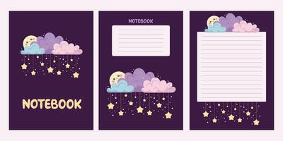 schattig tekenfilm maan achter wolken met veel van sterren. vector beeld van Sjablonen voor notebooks met lijnen voor inscripties