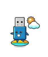 illustratie van flash drive usb cartoon doen surfen op het strand vector