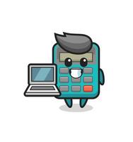 mascotte illustratie van rekenmachine met een laptop vector