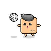 karakter cartoon van kartonnen doos speelt volleybal vector