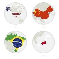 Verenigde Staten van Amerika, China, Brazilië, Japan kaart contour en nationaal vlag in een cirkel. vector