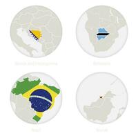 Bosnië en herzegovina, Botswana, Brazilië, Brunei kaart contour en nationaal vlag in een cirkel. vector
