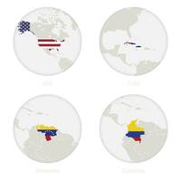 Verenigde Staten van Amerika, Cuba, Venezuela, Colombia kaart contour en nationaal vlag in een cirkel. vector