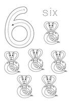 geheugenkaart aantal 6. peuter- werkblad. schattig tekenfilm cobra's. vector