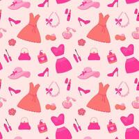 roze kern aantrekkingskracht naadloos patroon. roze patroon met schattig wijnoogst vrouw accessoires, jurken en bedenken kunstmatig. vector