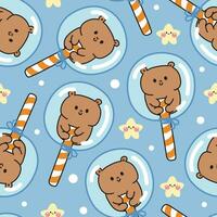 naadloos patroon van schattig teddy in snoep pakket met klein ster Aan blauw achtergrond.wild dier karakter tekenfilm ontwerp.sweet en dessert.kawaii.vector.illustratie. vector