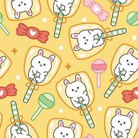 naadloos patroon van schattig konijn met snoep Aan geel achtergrond.dier karakter tekenfilm ontwerp.bunny hand- getekend.lief en dessert.baby kleding.kawaii.vector.illustratie. vector