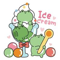 schattig kikker ijs room groen thee smaak in glas met snoep.reptiel dier karakter tekenfilm ontwerp.sweet en dessert.hart.kawaii.vector.illustratie. vector