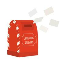 postbus met een veel van brieven van kinderen voor de kerstman claus. klassiek decoratief rood Kerstmis post doos met enveloppen en snoep suikerriet.kerstmis levering vector