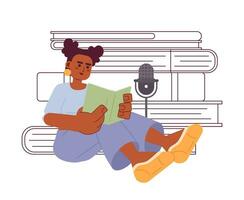 audioboek verteller 2d illustratie concept. boek verhaal vertellen vrouw Afrikaanse Amerikaans geïsoleerd tekenfilm karakter, wit achtergrond. verteller microfoon metafoor abstract vlak vector grafisch