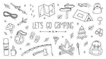 laten we Gaan camping set. backpacken tekening, vector tekening illustratie. wandelen pictogrammen. zwart voorwerpen Aan wit achtergrond