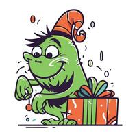 grappig tekenfilm monster met een geschenk doos. vector illustratie. Kerstmis karakter.