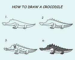 stap door stap naar trek een krokodil. tekening zelfstudie een krokodil. tekening les voor kinderen. vector illustratie