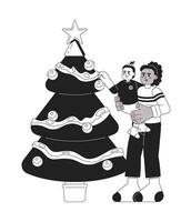 moeder weinig meisje decoreren Kerstmis boom zwart en wit 2d tekenfilm karakters. Afrikaanse Amerikaans mam Holding kind geïsoleerd vector schets mensen. vieren Kerstmis monochromatisch vlak plek illustratie