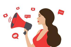 mooie vrouw schreeuwen in luidspreker met social media iconen. influencer social media marketing, blogger, vloggen, social influencer en influencer marketing concept vectorillustratie vector