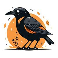 kraai vector illustratie. hand- getrokken zwart vogel met oranje achtergrond.