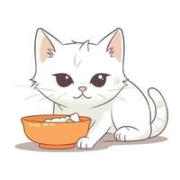 schattig wit kat met een kom van voedsel. vector illustratie.