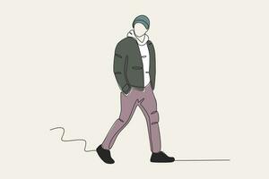 kleur illustratie van een Mens wandelen in een dik jasje vector