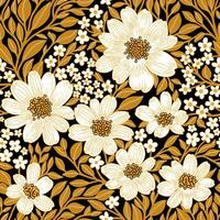 bloemen naadloos patroon van wit bloemen en geel bladeren Aan zwart achtergrond, behang ontwerp voor textiel, papieren, afdrukken, mode, schoonheid producten vector