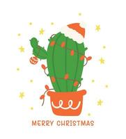 schattig Kerstmis cactus tekenfilm met de kerstman hoed, kawaii retro western cowboy fabriek hand- tekening en feestelijk vlak ontwerp vector