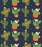 patroon naadloos Kerstmis cactus tekenfilm, kawaii retro western fabriek geïsoleerd Aan donker blauw achtergrond vector