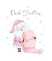 schattig roze Kerstmis de kerstman claus met naam lijst waterverf tekenfilm karakter hand- schilderij vector