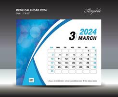 maart 2024 sjabloon- bureau kalender 2024 jaar sjabloon, muur kalender 2024 jaar, week begint zondag, ontwerper ontwerp, schrijfbehoeften ontwerp, folder ontwerp, het drukken media, blauw kromme backgrund vector