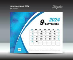 september 2024 sjabloon- bureau kalender 2024 jaar sjabloon, muur kalender 2024 jaar, week begint zondag, ontwerper ontwerp, schrijfbehoeften ontwerp, folder ontwerp, het drukken media, blauw kromme backgrund vector